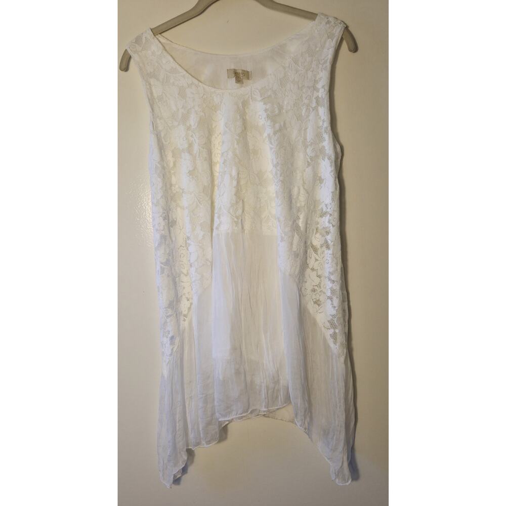 Ambra Italy Womens M Tunic Top White Silk & Lace Sleeveless Handkerchief Hem